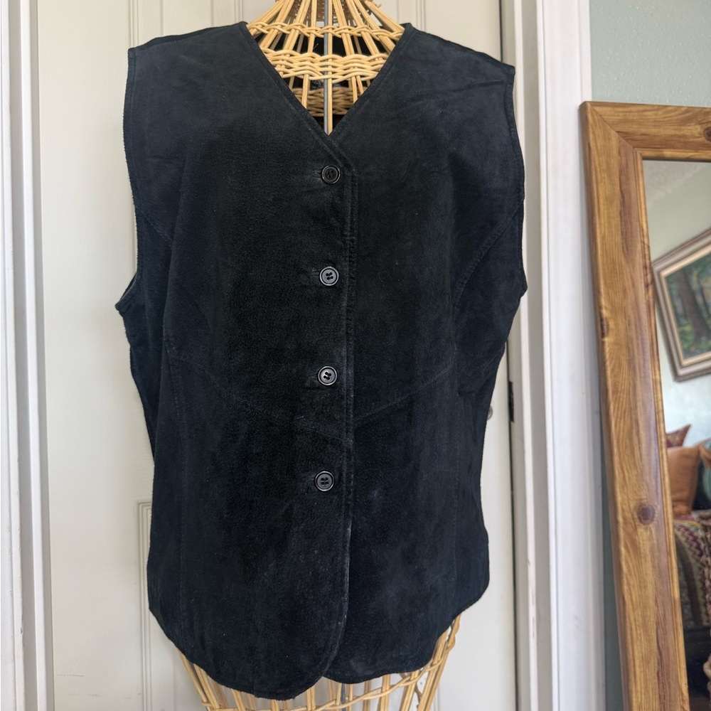 OutBrook Women’s Large Black Leather Button Down Vest